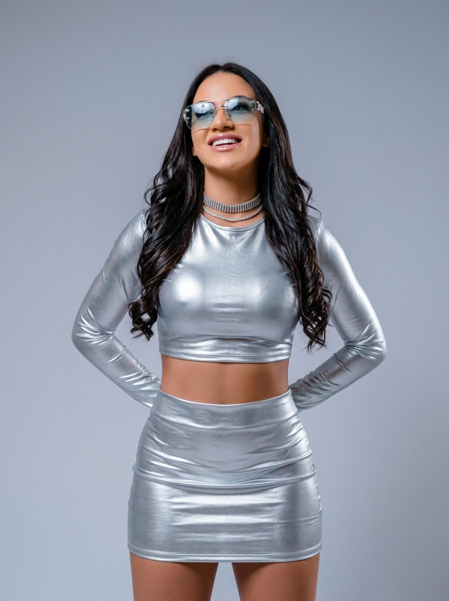 Thalita Rocha sorrindo, look prateado